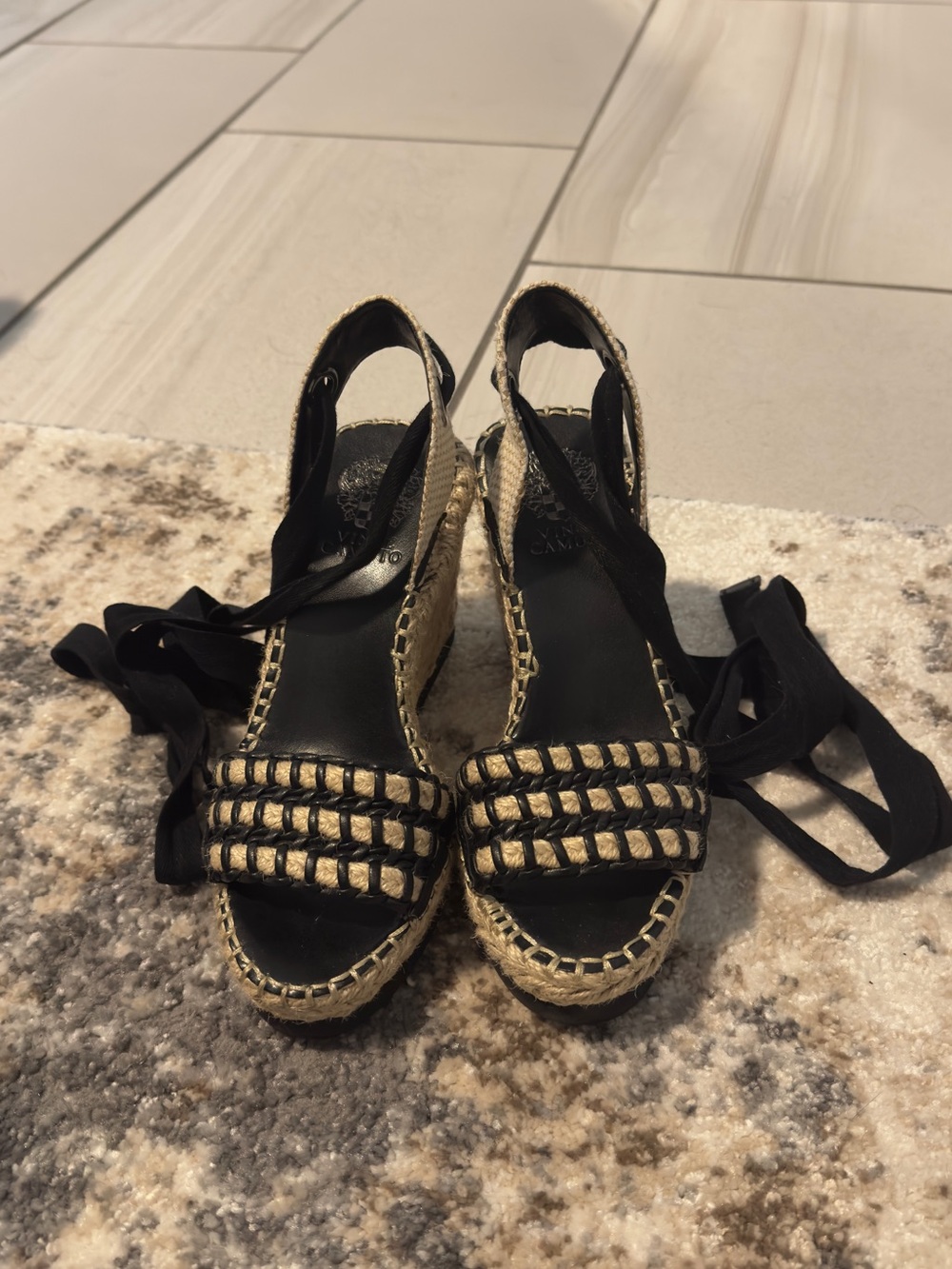 Vince Camuto Black and Natural Woven Espadrille Wedge Sandals